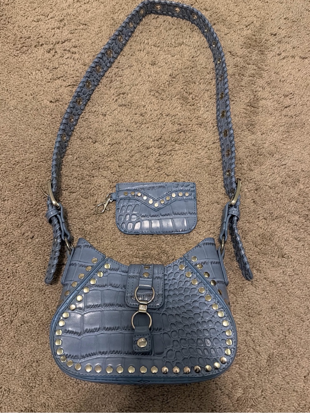 Urban Outfitters Blue Croc-Embossed Studded Shoulder Bag with Coin Pouch